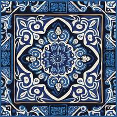 Blue Tiles Background, Old Fasion Retro Azulejo Mosaic Tile, Vintage Portuguese Wall Ceramic Seamless Pattern