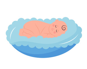 A newborn baby sleeping in a soft cradle. Baby bedtime. Flat cartoon vector illustration.