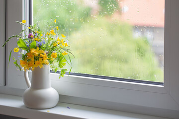 summer flowers in white jug on windowsill