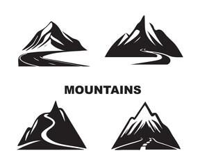 Mountain Icon, Rocky Tops Landscape Silhouette, Mountains Pictogram Isolated on White