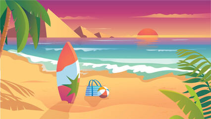 Concept Beach. A flat, cartoon-style design of a beach background, complete with palm trees, a sandy shore, and a clear blue sea. Vector illustration.