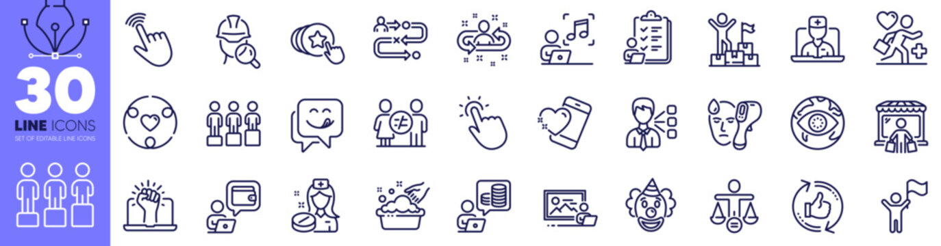 Hand washing, Market buyer and Cyber attack line icons pack. Electronic thermometer, Third party, Telemedicine web icon. Cursor, Discrimination, Equity pictogram. Empower, Nurse, Heart. Vector