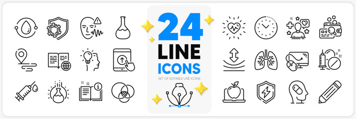 Icons set of Depression treatment, Patient and Pencil line icons pack for app with Swipe up, Time management, Idea thin outline icon. Internet book, Place, Manual pictogram. Vector