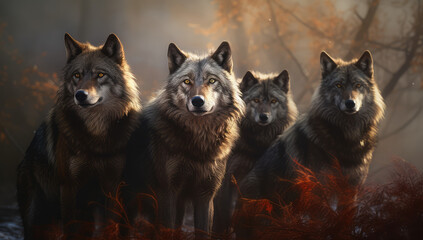 a group of wolf's standing in a field, generative AI