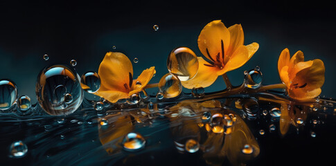 an oil painting showing yellow flowers and drops, generative AI