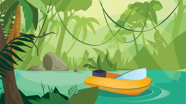 Concept Jungle boat. A flat, cartoon-style background design featuring a jungle river and boat, with lush green trees and foliage. Vector illustration.