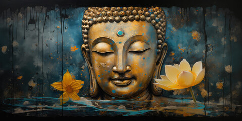 Fototapeta na wymiar Lotus flowers and gold buddha statue, generative AI 