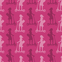 Fototapeta na wymiar Seamless pattern with ladies riding electric scooters.