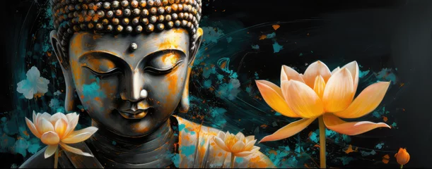 Foto op Plexiglas  Lotus flowers and gold buddha statue, generative AI  © Kien
