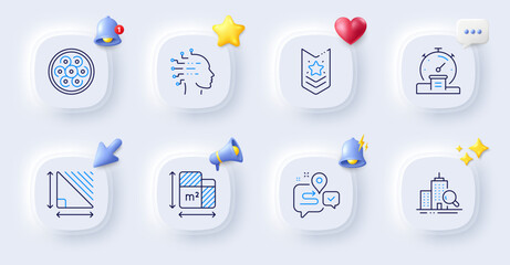 Journey, Cable section and Shoulder strap line icons. Buttons with 3d bell, chat speech, cursor. Pack of Inspect, Timer, Artificial intelligence icon. Floor plan, Triangle area pictogram. Vector
