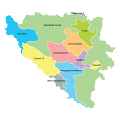 Fototapeta premium Bosnia and Herzegovina map background with regions, region names and cities in color. Bosnia and Herzegovina map isolated on white background. Vector illustration