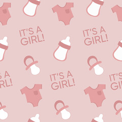 Baby shower pattern with design elements. Baby shower concept. It's a girl!