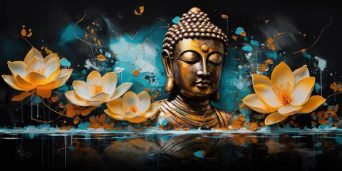 Zelfklevend Fotobehang  Lotus flowers and gold buddha statue, generative AI  © Kien
