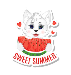 Sticker Sweet Summer. Greeting postcard. Little cute  white cat is eating a slice of waterlemon.