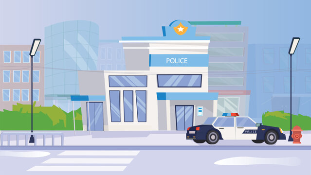 Concept Police department. A flat, cartoon-style design of a police department with various elements like police cars, officers, and equipment in the background. Vector illustration.