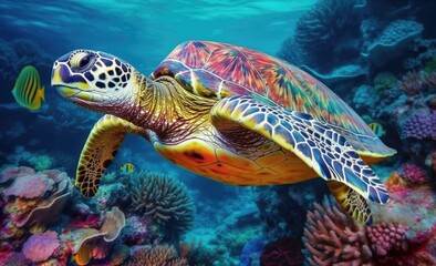 Scuba diving concept. A large turtle swims in the ocean among bright algae and corrals. Generate Ai Generative AI