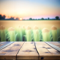 Selective focus, Wood table top on soft focus barley rice field background. For montage product display. generative ai. - 607705525