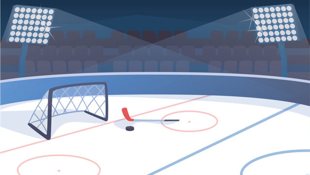Concept Hockey. A flat, cartoon-style design of a hockey rink at the sport complex. Vector illustration.