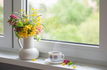 summer flowers in white jug with cup of coffee on windowsill