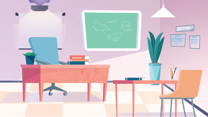 Concept Classroom. This illustration features a flat, cartoon design of a classroom with a simple and colorful background. Vector illustration.
