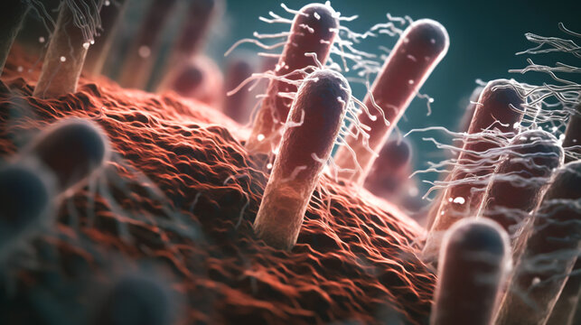 a microscope view of a colony of E. coli bacteria, heavily magnified Generative AI