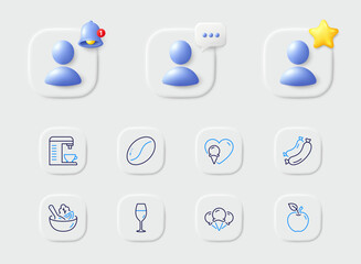 Salad, Sausage and Ice cream line icons. Placeholder with 3d star, reminder bell, chat. Pack of Coffee machine, Ice creams, Coffee beans icon. Wineglass, Apple pictogram. For web app, printing. Vector
