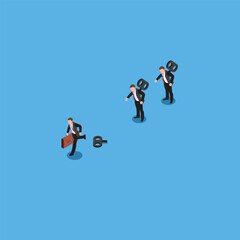 Fototapeta na wymiar Businessman running after his winder released. Free will, freedom isometric 3d vector illustration concept for banner, website, illustration, landing page, flyer, etc.