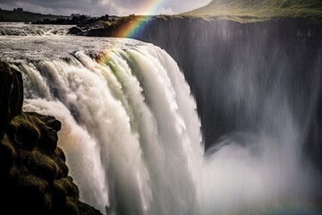 Majestic combination of a waterfall and a vibrant rainbow. Generative AI