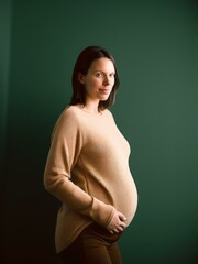 Pregnant woman touching her belly over green background. Looking at camera.