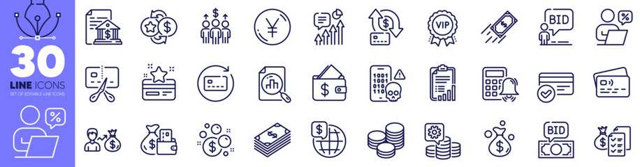 Vip award, Bankrupt and Launder money line icons pack. Renew card, World money, Bank document web icon. Salary, Calculator alarm, Card pictogram. Fast payment, Cyber attack, Checklist. Vector