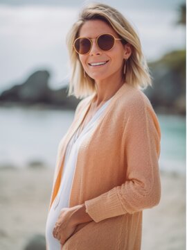 portrait of smiling pregnant woman in sunglasses on the beach at sunset