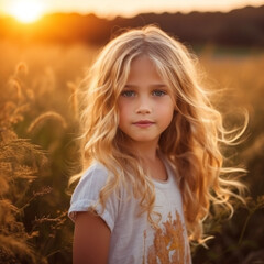 Beautiful little girl in a light dress with long hair on nature while sunset. Portrait of a beautiful small girl in a wheatfield at sunset. Portrait of lovely blonde  little girl in a wheat field