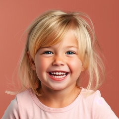 Portrait of a smiling cute small girl in a light shirt on a color background.  Happy little girl with blue eyes smiling. Cheerful white little girl looks to camera. Digital art