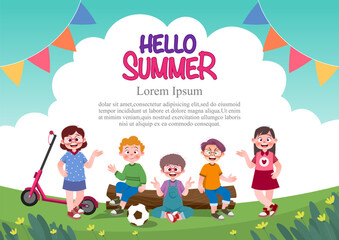 Cute children play outside. template for advertising brochures, ready for your text,  poster, background, website.Style of kids drawings.