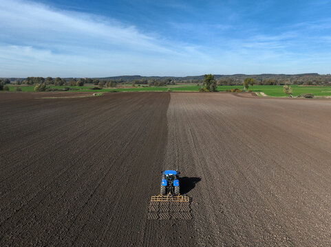 Aerial view of small scale agriculture and ploughing in Brandenburg, Germany.
