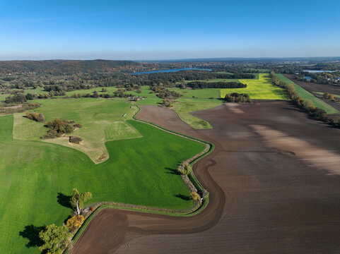 Aerial view of small scale agriculture and ploughing in Brandenburg, Germany.