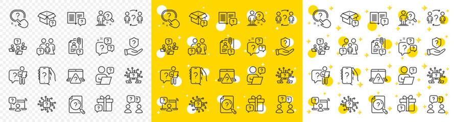 Artificial Intelligence computer, phone with Question mark, Problem solve. Questions line icons. Quiz, faq guide, job interview line icons. Ask person, question bubble, family problem. Vector