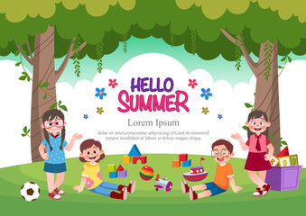 Cute children play outside. template for advertising brochures, ready for your text,  poster, background, website.Style of kids drawings.