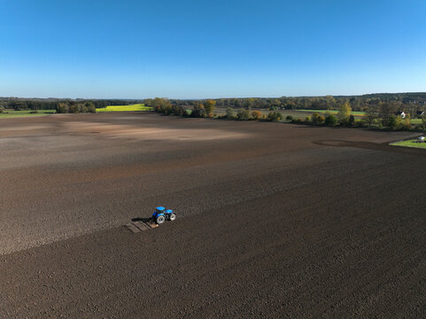 Aerial view of small scale agriculture and ploughing in Brandenburg, Germany.