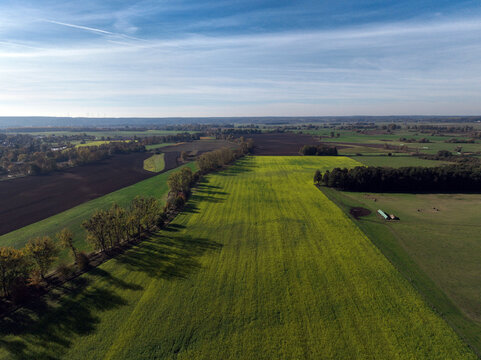 Aerial view of small scale agriculture and ploughing in Brandenburg, Germany.