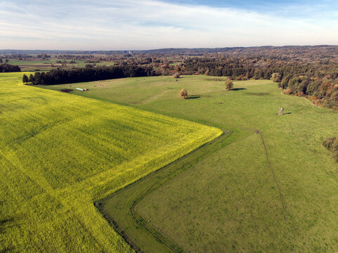 Aerial view of small scale agriculture and ploughing in Brandenburg, Germany.