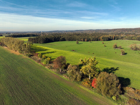 Aerial view of small scale agriculture and ploughing in Brandenburg, Germany.