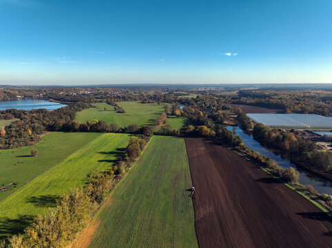 Aerial view of small scale agriculture and ploughing in Brandenburg, Germany.