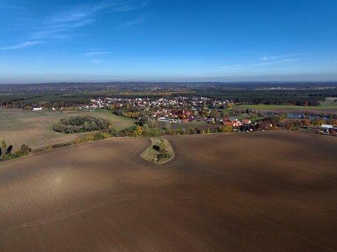 Aerial view of small scale agriculture and ploughing in Brandenburg, Germany.