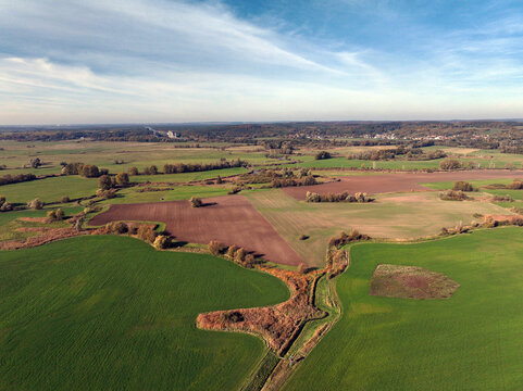 Aerial view of small scale agriculture and ploughing in Brandenburg, Germany.