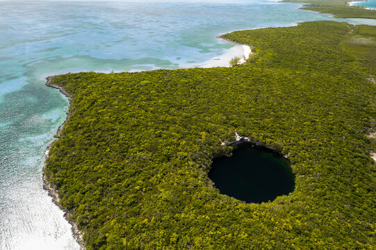 Aerial View of Hoffman Cay Blue Hole on Hoffman's Cay island, Berry Islands archipelagos, the Bahamas.
