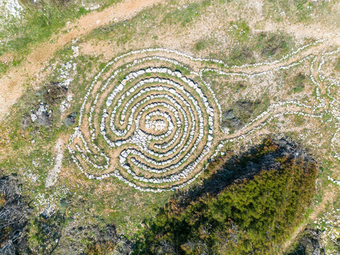 Aerial view of mystical stone formation on the coast of Kamenjak in Istria, Croatia.