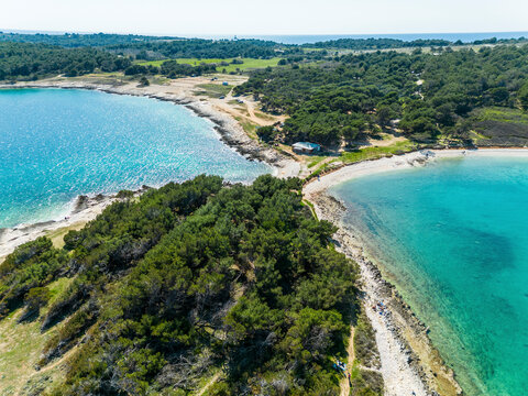 Aerial view of a small peninsular off the coast of Kamenjak in Istria, Croatia.