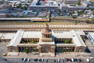 Birds eye view of Railway Station (beautiful example of Soviet Armenian style) on sunny day. Yerevan, Armenia.