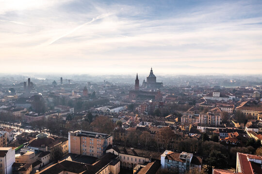Aerial view of Pavia, a small town at sunrise in Lombardy, Italy.